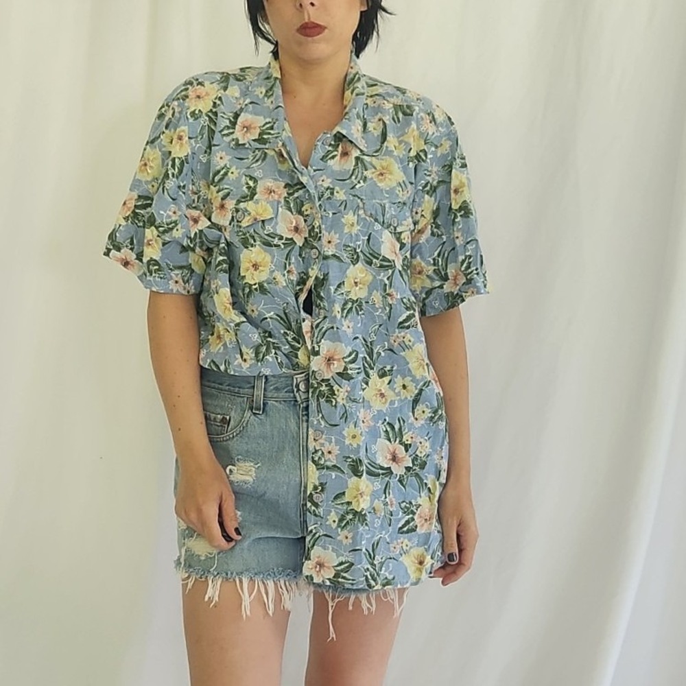 90s/00s Blue Floral Cotton Button Down